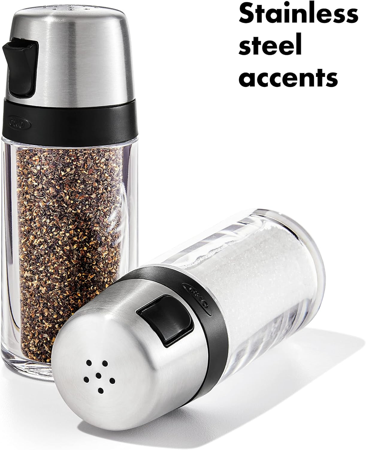 oxo-good-grips-salt-pepper-shaker-set-easy-to-refill-with-twist-off-lid-clear-body-for-visible-levels-stainless-steel-accents-table-ready-kitchen-condiment-set-side-spout-for-easy-pour