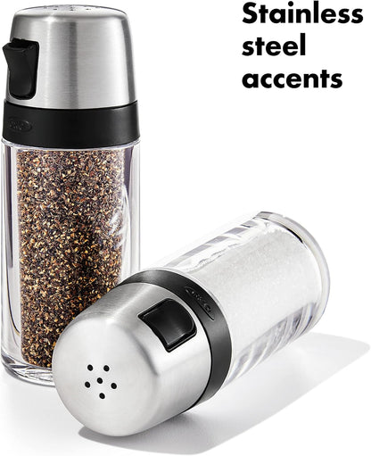 OXO Good Grips Salt & Pepper Shaker Set, Easy to Refill with Twist-Off Lid | Clear Body for Visible Levels, Stainless Steel Accents, Table-Ready, Kitchen Condiment Set, Side Spout for Easy Pour5