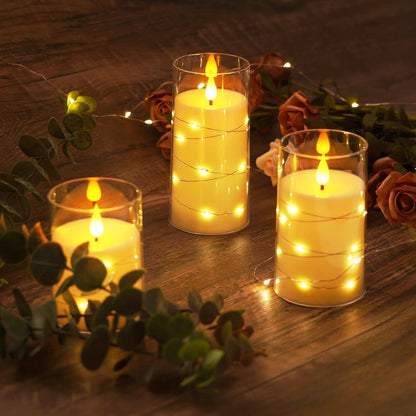 LED Flameless Candles, Battery Operated Candles with Embedded Fairy Lights, Acrylic Fake Candles with Remote and Timer for Wedding Home Decor, Ivory White, Set of 3, D3 X H4 5" 6"5