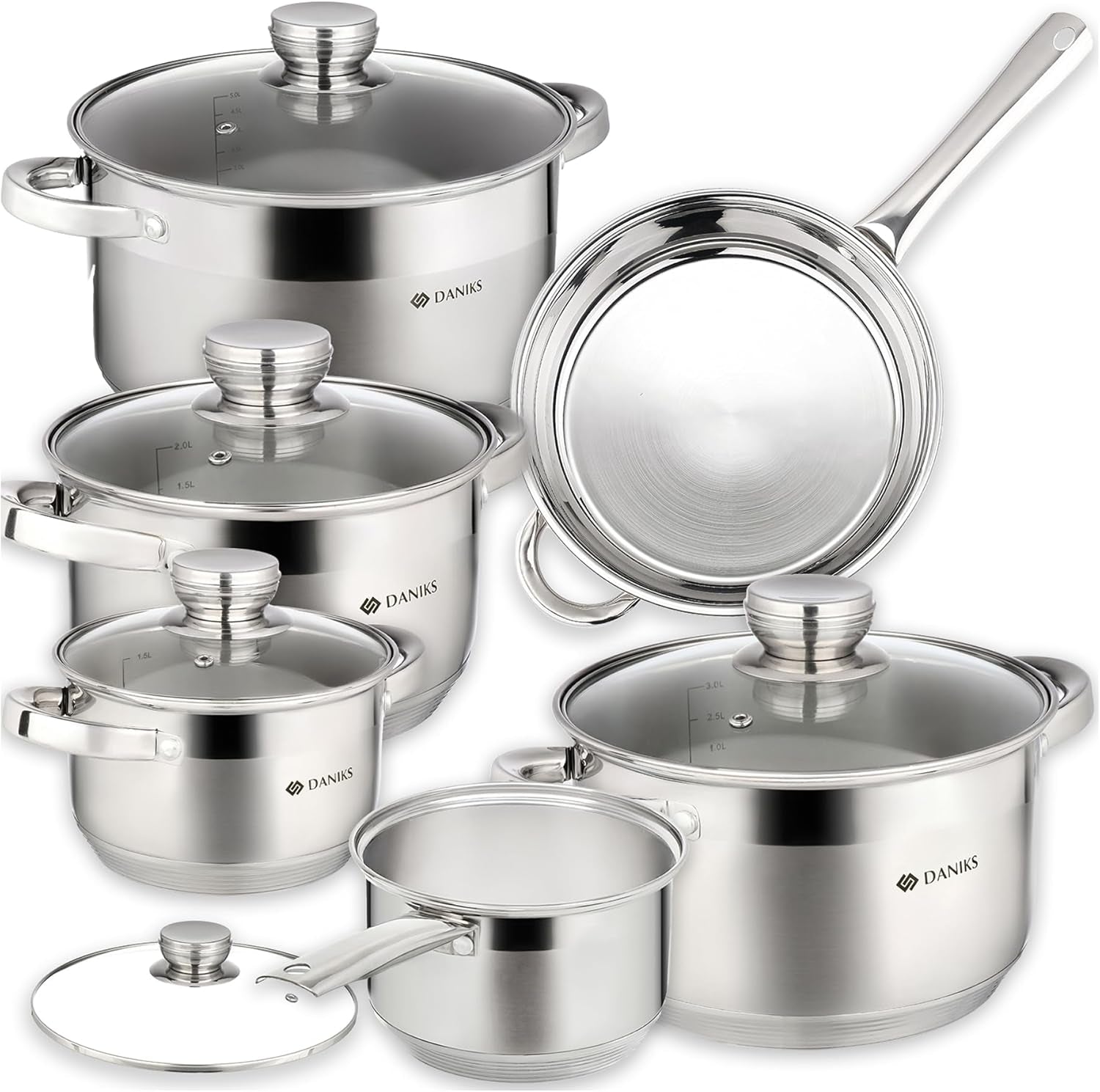 standard-11-piece-stainless-steel-cookware-set-with-glass-lids-includes-saucepan-with-lid-and-frying-pan-tri-ply-bases-for-even-heating-induction-compatible-dishwasher-safe-silver
