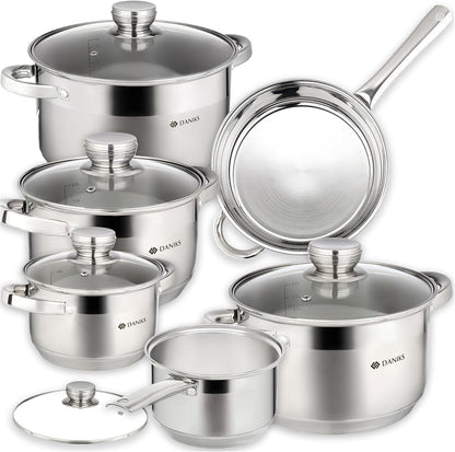 Standard 11-Piece Stainless Steel Cookware Set with Glass Lids, Includes Saucepan with Lid and Frying Pan, Tri-Ply Bases for Even Heating, Induction Compatible, Dishwasher Safe, Silver1