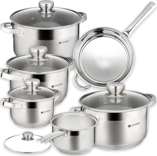 Standard 11-Piece Stainless Steel Cookware Set with Glass Lids, Includes Saucepan with Lid and Frying Pan, Tri-Ply Bases for Even Heating, Induction Compatible, Dishwasher Safe, Silver1