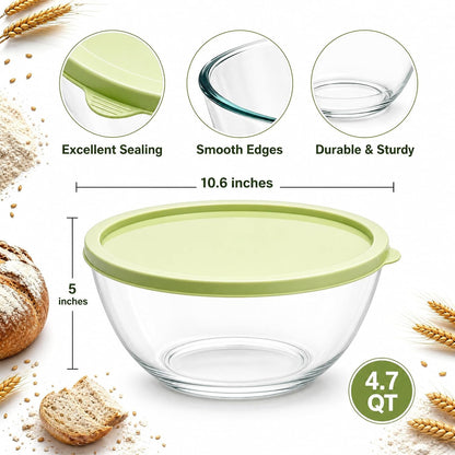 4.7Qt Extra Large Glass Mixing Bowl with Lid, Sourdough Bread Mixing Bowls, Thickened Borosilicate Glass Proofing Bowl for Food Prep Baking Storage Cooking Serving, Dishwasher Safe2