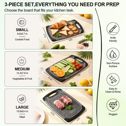 Plastic Cutting Boards Set of 3,BPA Free,Dishwasher Safe | Thick Chopping Boards for Kitchen with Deep Juice Grooves, Non‑Slip Feet, Easy Grip Handle, Grinding Area, Black3