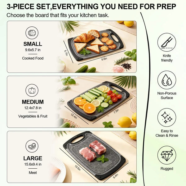 Plastic Cutting Boards Set of 3,BPA Free,Dishwasher Safe | Thick Chopping Boards for Kitchen with Deep Juice Grooves, Non‑Slip Feet, Easy Grip Handle, Grinding Area, Black3