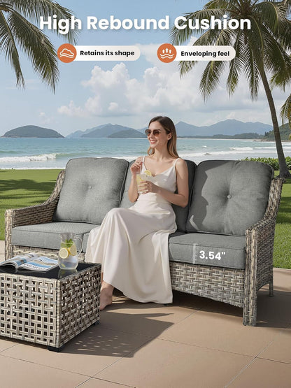 5 Piece Outdoor Patio Furniture with 3 Seat Sofa,Rattan Wicker Coversation Set with Swivel Rocking Chair,Balcony Sofa Set with Shiny Table for outside Porch Backyard Pool, Dark Grey3