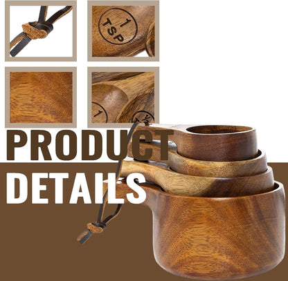 Wooden Measuring Cups and Spoons Set - Eco-Friendly Solid Acacia Wood, Laser Engraved Measurements, Perfect for Baking & Cooking - Ideal for Bakers, Chefs & Home Cooks（Brown）3