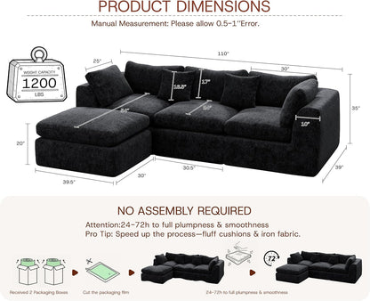 110'' Oversized Boneless Cloud Couch for Living Room, Modern Big Sectional Compressed L Shape Couch with Ottoman, Comfy Chenille Deep Seat Memory Foam Spineless 4 Seater Sofa, Black2