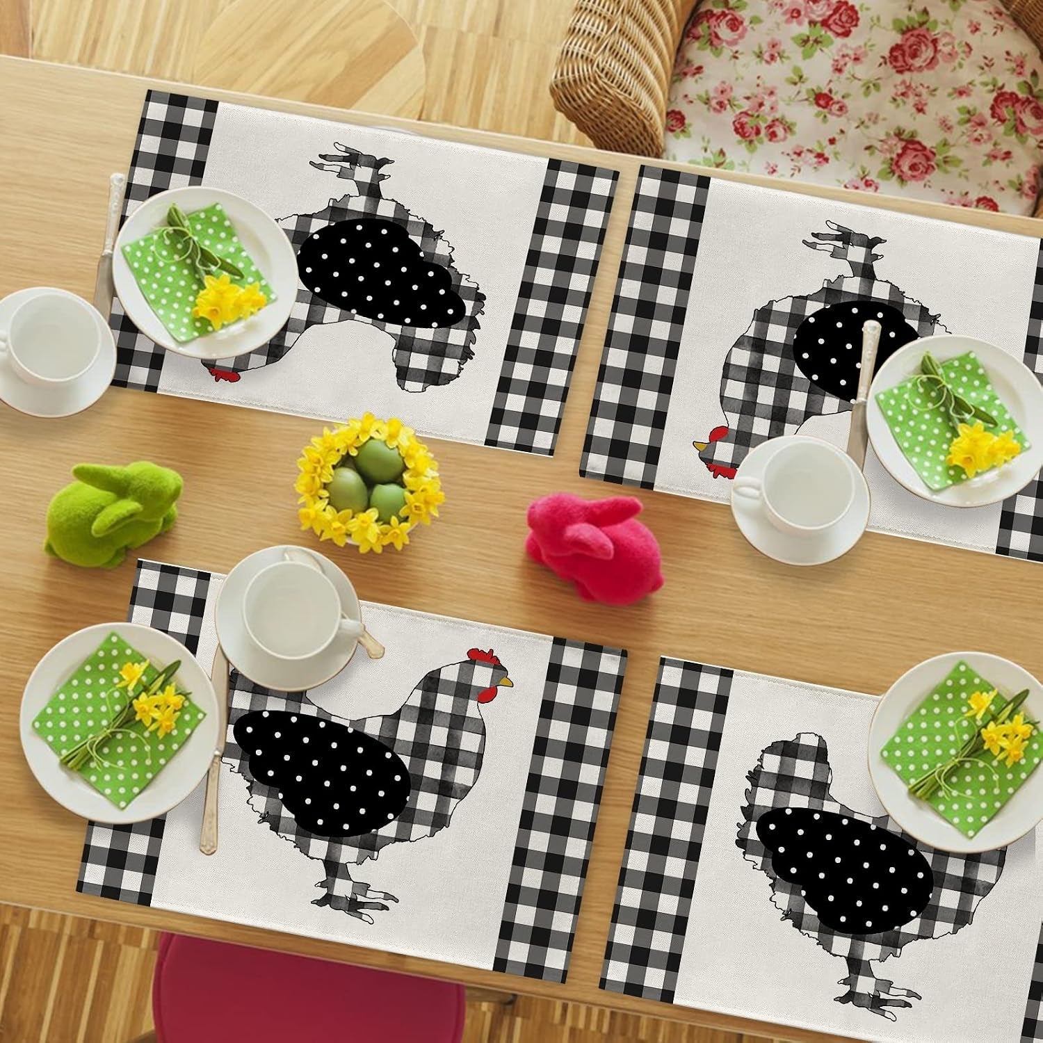 farm-chicken-hen-animal-placemats-set-of-4-black-white-buffalo-check-plaid-farmhouse-chick-dining-table-place-mats-spring-summer-country-rustic-kitchen-decor-home-decoration-12-x-18-inch