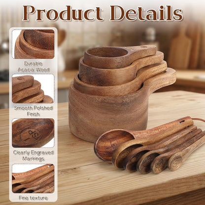 10-Piece Wooden Measuring Cups and Spoons Set, Handcrafted Acacia Wooden Measuring Cups - Solid Acacia Wood, Laser Engraved, Wood Rustic Kitchen Accessories for Baking, Cooking4