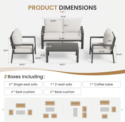 4-Piece Aluminum Outdoor Patio Furniture Sets All-Weather Patio Conversation Set Sectional Sofa with Coffee Table & Cushions with Removable Covers for for Deck Backyard Garden Poolside Balcony Porch2