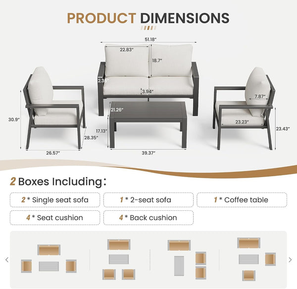 4-Piece Aluminum Outdoor Patio Furniture Sets All-Weather Patio Conversation Set Sectional Sofa with Coffee Table & Cushions with Removable Covers for for Deck Backyard Garden Poolside Balcony Porch2