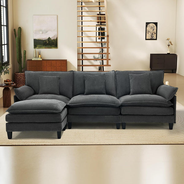 106" L Shaped Modular Sectional Cloud Couch, Comfy Modern Sofa with Ottoman, 4-Seat Deep Seat Sofa with Pillows for Living Room, Bedroom and Apartment, Modular Sofa, Grey6