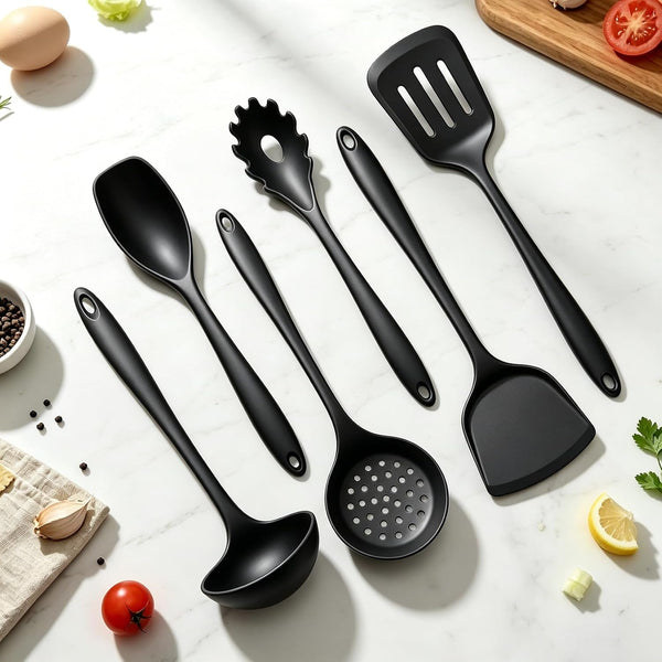 Thickened Silicone Kitchen Utensils Set, Upgrade 6 PCS Nonstick Cooking Utensils Set, Heat Resistant and BPA Free Silicone Utensil Spatula Set for Cooking with Turners, Spoon, Skimmer and Ladle(Black)8