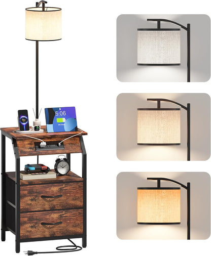 End Table with Floor Lamp, Nightstand with Charging Station, Floor Lamp Table with 3-Color Temperature Bulb, Bedside Table Night Stand with 2 Drawers for Bedroom, Living Room, Brown1
