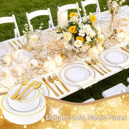 350PCS White and Gold Plastic Plates Dinnerware Set for Wedding8