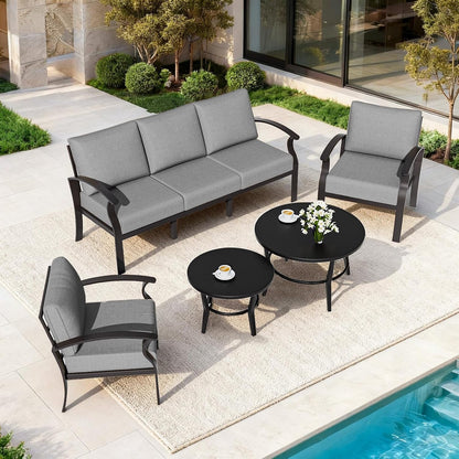 Aluminum Patio Furniture Set with round Coffee Tables, 5-Seat Outdoor Sectional Furniture W/5.1" Cushions, Patio Conversation Set for Porch, Backyard, Poolside-Grey2