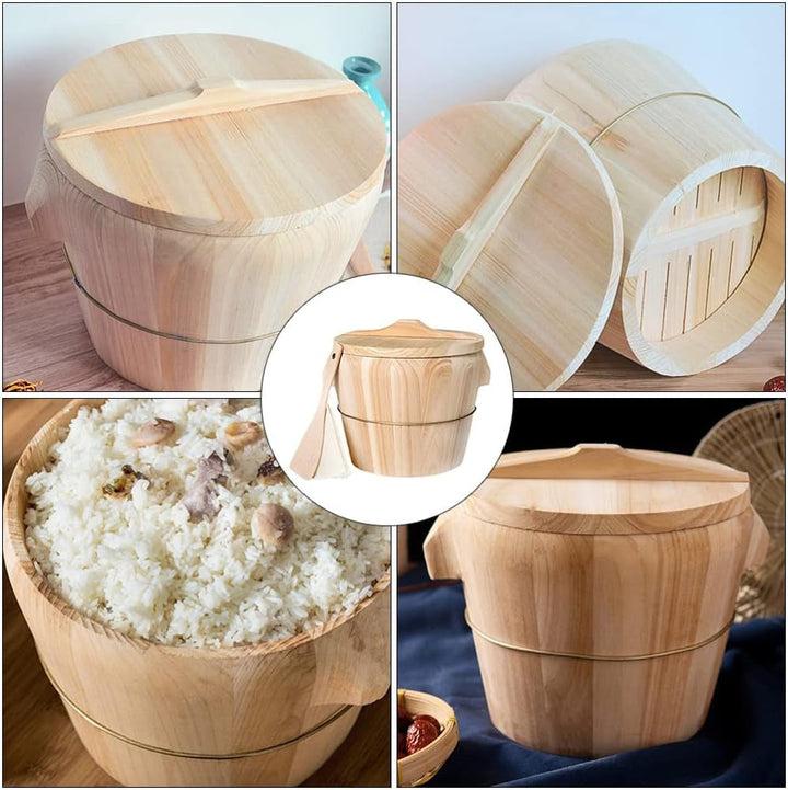 Wooden Rice Steamer Bucket Natural Chinese Material Steamed Rice Barrel with Lid Spoon Cloth and Iron Handles Removable Bottom for Even Cooking and Easy Cleaning 8.26 X 6.49 X 6.49 In+2