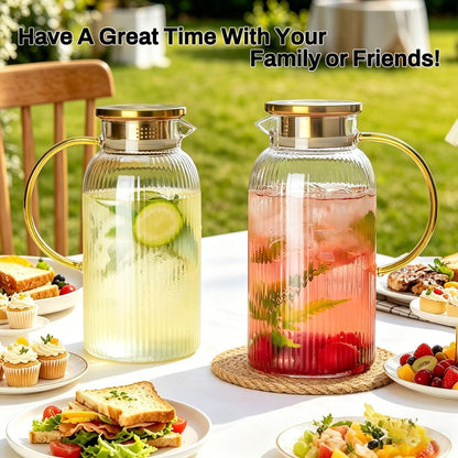 2 PACK Glass Pitcher with Lid, 68 Oz Glass Carafe with Silicone Base | 2L Classic Vertical Stripes Glass Water Jug with Handle,Glass Water Carafe for Cold Brew,Milk, Iced Sun Tea,Beverage,Cold/Hot4