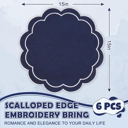 Dark Blue Linen Placemats Embroidered round Scalloped Kitchen Table Mats for Party Home Dining Table Decor, Set of 6, 15 X 15 In2