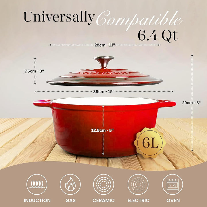 Enamelled Cast Iron Dutch Oven Pot with Lid-6.4 Quart Non Stick Casserole Pot-Heavy Duty & Oven Safe up to 500° F for Bread Baking, Braising, Stews, Roasting - 28Cm Red+2