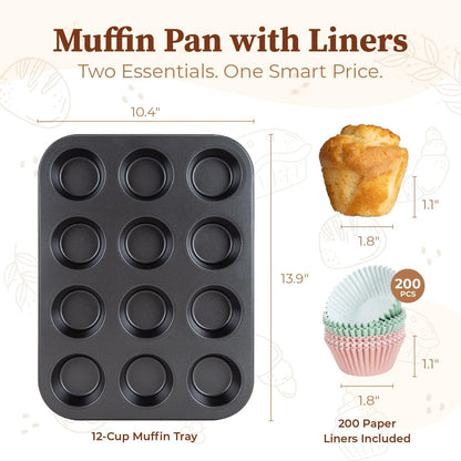 2-Pack 12-Cup Muffin Pan Set, Carbon Steel Nonstick Cupcake Tin | Includes 200 Liners, Durable Carbon Steel, Nonstick Release, for Cupcakes, Muffins, Egg Bites, Brownies, Oven Safe 450°F4