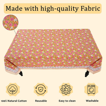 '-Bubblegum Pink Cotton Tablecloth, Handblock Print Floral Table Cloth for Kitchen Dining Linen I Thanksgiving, Christmas, Wedding, Fall Décor 4 Seater 60X60 Inches Square9