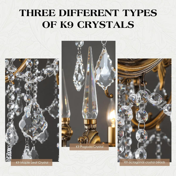 Gold Crystal Chandelier, 10-Light Antique Bronze Candle Pendant Ceiling Light Fixture with K9 Crystals for Dining and Living Room, Bedroom, Kitchen Island, Hallway, Dia 36"2