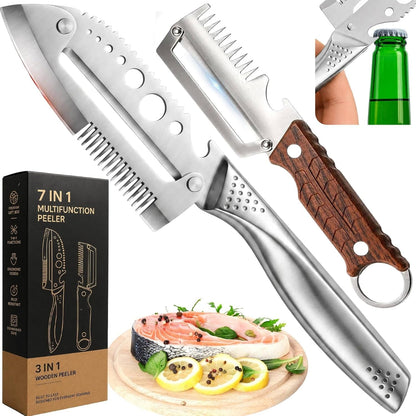 7 in 1 All Stainless Steel Multi Functional Vegetable Peeler for Kitchen, Smooth Potato Peeler with Herb Stripper, Scallion Shredder, Fish Scaler, Bottle Opner1