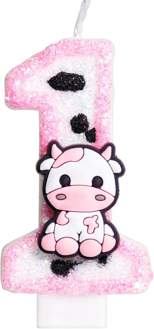Pink Cow Glitter Birthday Candles Number 1 Birthday Decorations, Holy Cow Im One Birthday Decorations, Number 1 Candle for Cake, Cowgirl Theme Number Candle for Girls First 1St Birthday Party Décor1