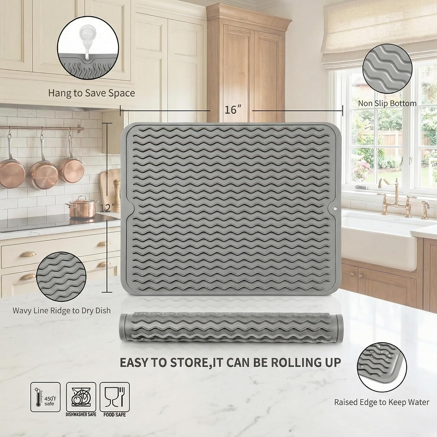 silicone-dish-drying-mat-grey-16-12-quick-dry-ridges-heat-resistant-trivet-to-450-f-non-slip-dishwasher-safe-roll-up-storage-18-colors-9-sizes-available