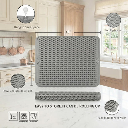 Silicone Dish Drying Mat, Grey, 16"×12" | Quick-Dry Ridges, Heat-Resistant Trivet to 450°F, Non-Slip & Dishwasher Safe, Roll-Up Storage, 18 Colors & 9 Sizes Available2