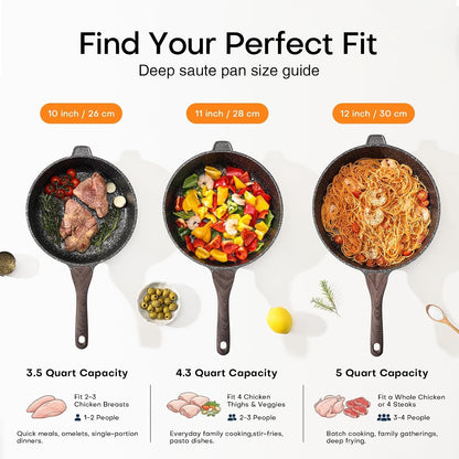 Nonstick Deep Frying Pan with Lid, 12 Inch Large Skillet, 5 Qt Non Stick Saute Pan for Cooking, Healthy Induction Cookware, PFOA Free | Large Skillet, 5 Qt, Saute Pan, Healthy Coating, Induction, PFOA Free5