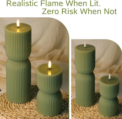 Olive Green Ribbed Flameless Pillar Candles with Remote Set of 25