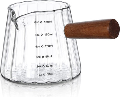 6 Oz Glass Measuring Cups with Spout,Borosilicate Glass Triple Pitcher with Scale,Origami Style Espresso Shot Glasses with Wood Handle for Coffee Milk,Dishwasher Safe1