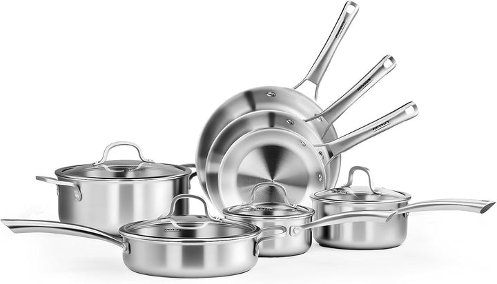 11-Pcs Stainless Steel Cookware Set, Tri-Ply Pots and Pans Set, Non-Toxic Kitchen Set, PFOA & PTFE Free, Full Clad Frying Pans, Saucepans, Saute Pan & Stock Pot, Compatible for All Cooktops