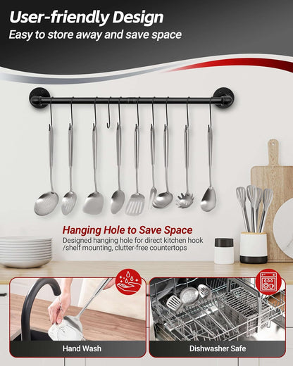 304 Stainless Steel Kitchen Utensils Set, 11PCS All Metal Cooking Tools Set with Tongs, Turner, Ladle, Skimmer & Serving Spoon, 15" Long Handle Dishwasher Safe Kitchen Utensil Starter Set6