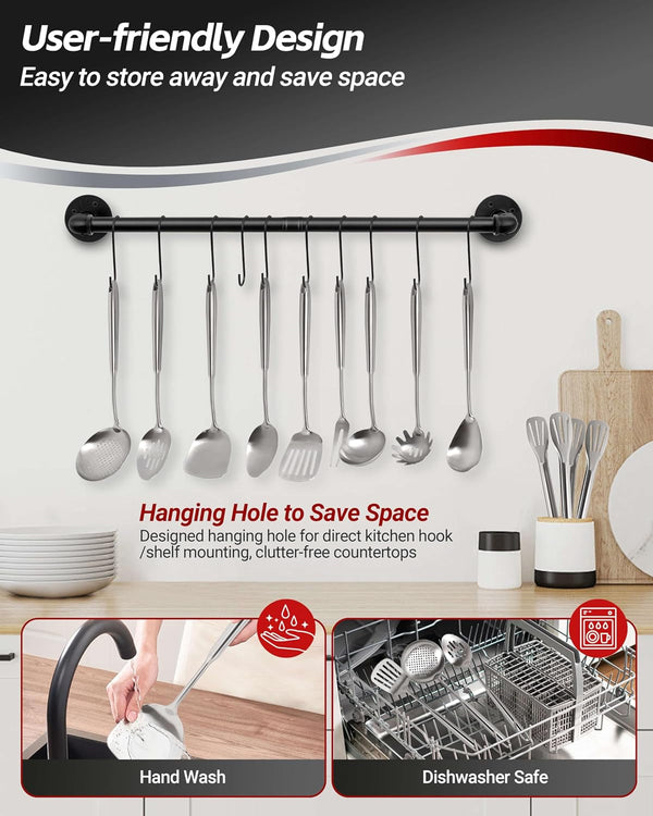 304 Stainless Steel Kitchen Utensils Set, 11PCS All Metal Cooking Tools Set with Tongs, Turner, Ladle, Skimmer & Serving Spoon, 15" Long Handle Dishwasher Safe Kitchen Utensil Starter Set6