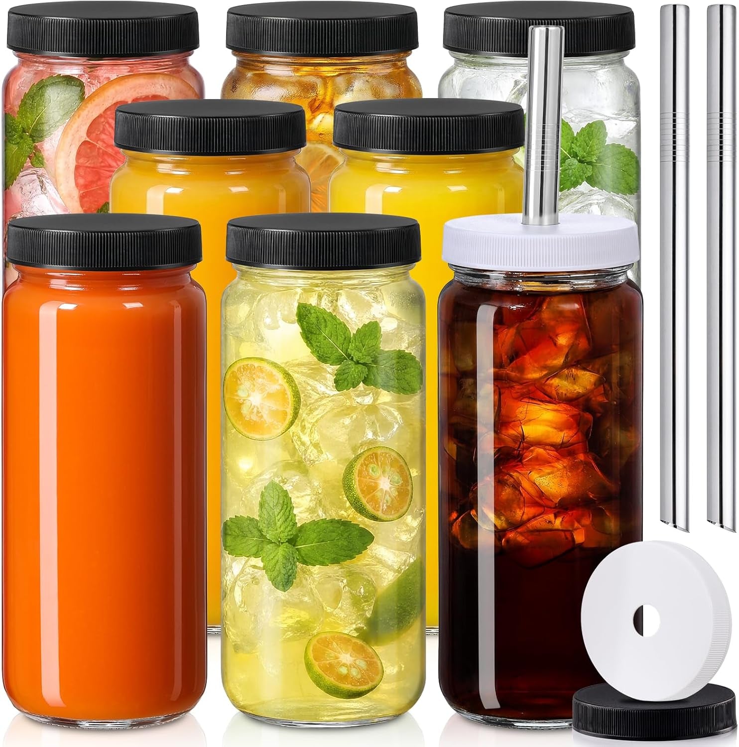 8-pack-16oz-glass-juice-bottles-with-8-sealed-lids-2-straw-lids-straws-food-grade-thick-glass-freezable-airtight-juicer-container-travel-juicing-jars-drinking-water-cups-for-tea-smoothies