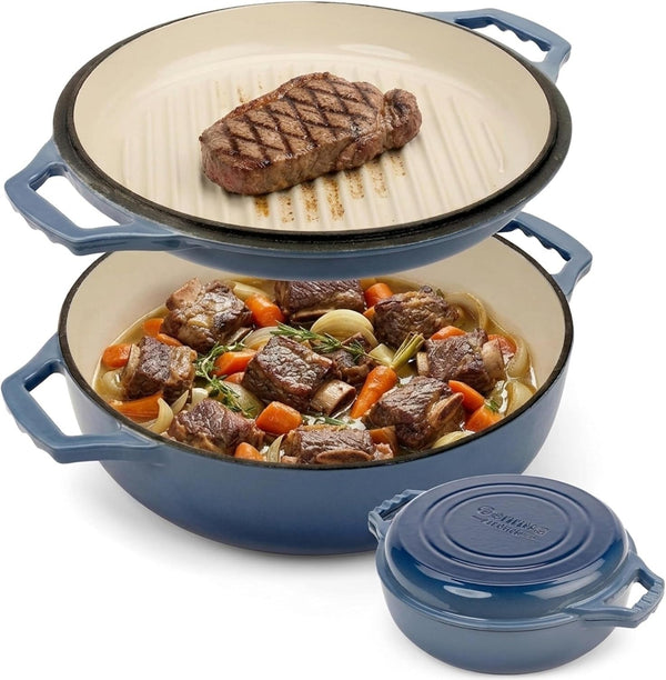 2-In-1 Enameled Cast Iron Braiser Pan with Grill Lid - 3.3-Quart Small Dutch Oven, Serves as Both Casserole & Stovetop Grill Pan, Cast Iron Cookware1