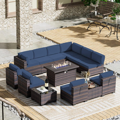 13 Pieces Outdoor Patio Furniture Set,Outdoor Sectional Furniture with 43" 55000 BTU Gas Propane Fire Pit Table,Pe Rattan Wicker Patio Conversation Set with 10 Thickened Cushions,Navy Blue7