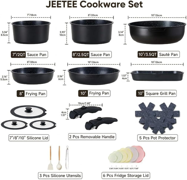 Cookware Set (6 Essential Pots & 19 Accessories), Nonstick Pots and Pans with Detachable Handle for Induction Cooking, RV Kitchen Space Saving, PFAS Free, Black2