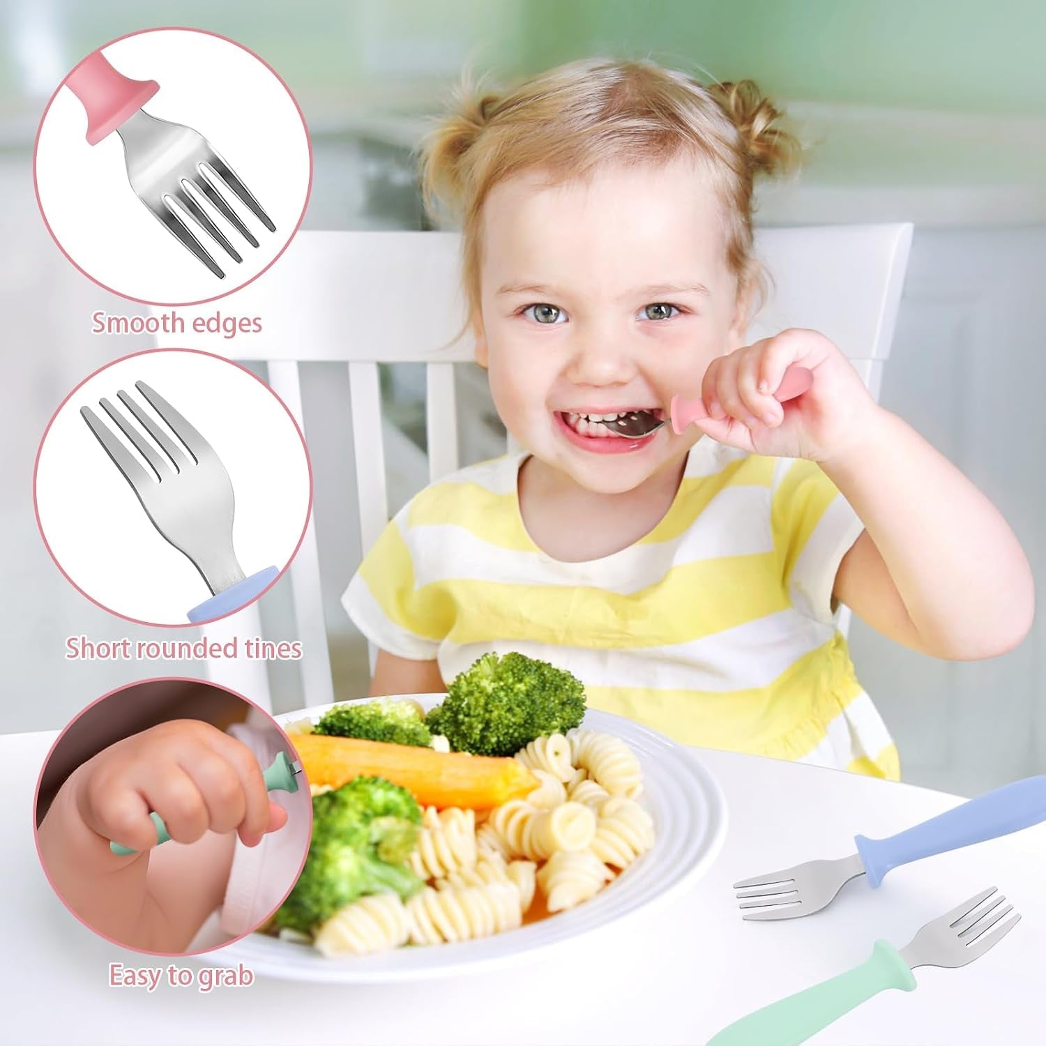 6-pack-toddler-forks-18-8-stainless-steel-with-plastic-handles-rounded-tines-mouth-guard-design-easy-grip-size-for-self-feeding-kids