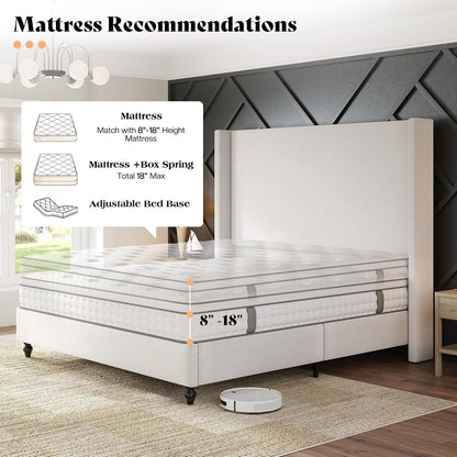 Queen Upholstered Bed Frame with 63" Headboard & Wingback, Cream8