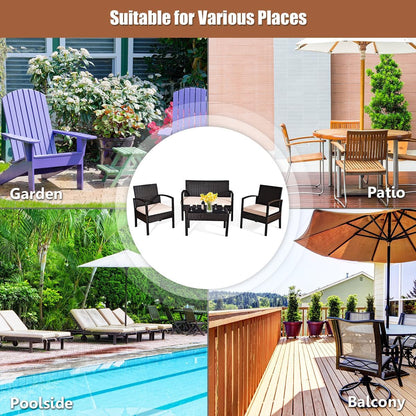 4 PCS Patio Rattan Conversation Furniture Set Cushioned Seat Glass Tabletop5