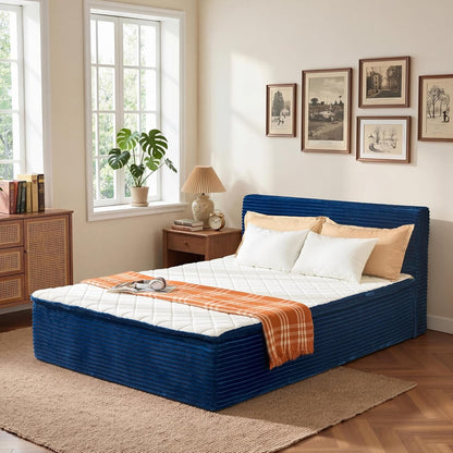 Queen Boneless Bed Frame with Mattress, 16 Inch Memory Foam Mattress with Plush Fabric Upholstered Bed Frame Platform, No Assembly Required,Cool Night & Relieve Pressure with Medium Support, Blue3