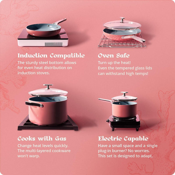 Premium Non-Toxic Ceramic Cookware Set – Triple-Layer Nonstick 12 Piece Pots and Pans with Lids, Pfas-Free, Oven Safe for Healthy Meals, Space-Saving Design, Coral Pink Color |8