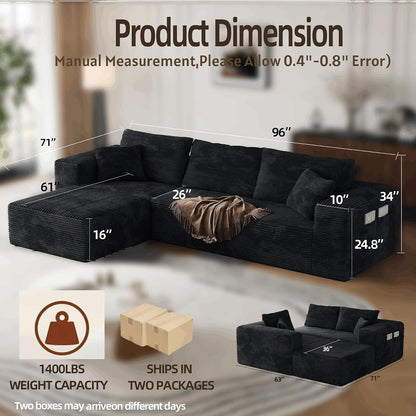 Boneless Sectional Couch Black L Shape Sofa Ottoman with Recliner Bed Memory Foam Modular Cloud No Bones in a Box Boundless Comfort for Living Room Compression Corduroy Fabric Deep Seat Easy Assembly2