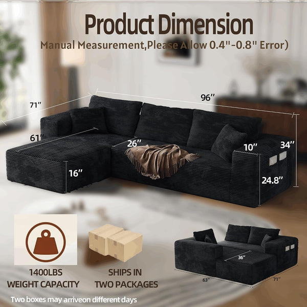 Boneless Sectional Couch Black L Shape Sofa Ottoman with Recliner Bed Memory Foam Modular Cloud No Bones in a Box Boundless Comfort for Living Room Compression Corduroy Fabric Deep Seat Easy Assembly2