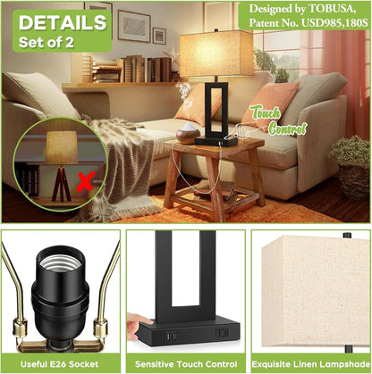 22" Table Lamp Set of 2, Modern Nightstand Lamp with 2 USB Ports6
